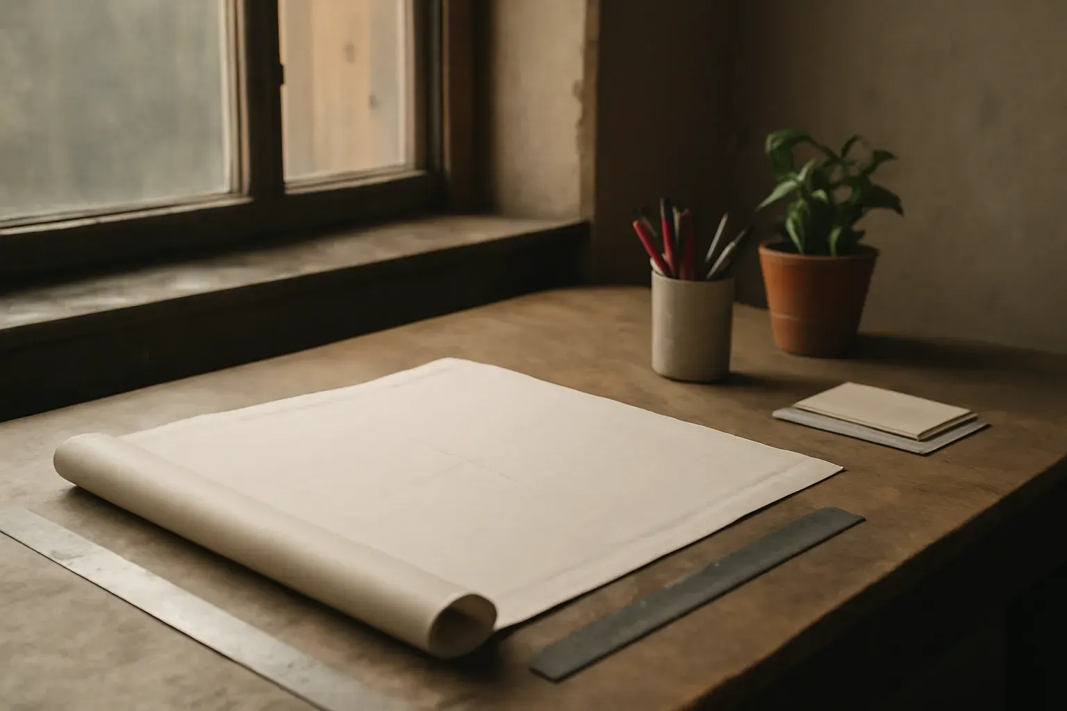A real studio work desk beside a window with a press-proof sheet, pencils, paper swatches and a small plant in soft daylight.